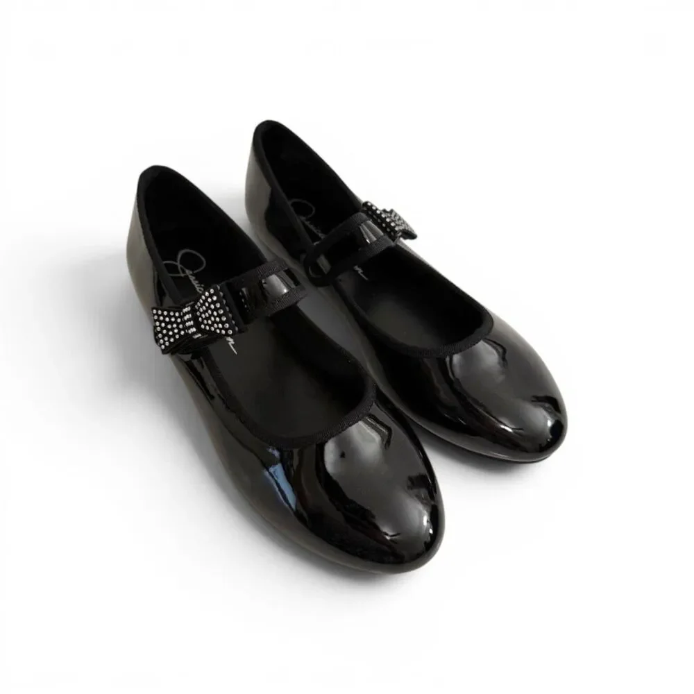Jessica Simpson Big Girls Amy Black Patent Crystal Bow Ballet Flat, New! Size 5